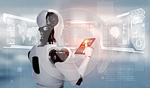 Robot humanoid using tablet computer in concept of AI thinking brain