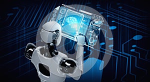 Robot humanoid using tablet computer in concept of AI thinking brain