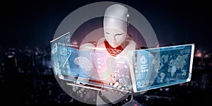 Robot humanoid using tablet computer in concept of AI thinking brain