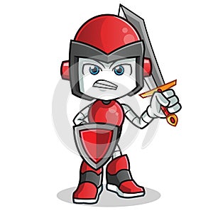 Robot humanoid warior holding sword and shield mascot cartoon illustration