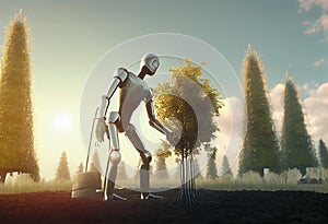 Robot humanoid watering planted seedling of tree in foret on sunny autumn day. Outdoor. Android planting trees for saving planet.