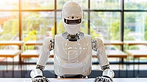 Robot humanoid working in modern office