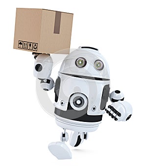 Robot on a hurry delivering package. . Contains clipping path