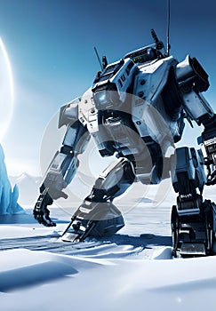 robot on the ice, exploring a alien frozen planet, generative ai illustration