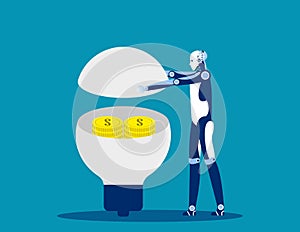 Robot ideas make money. Concept business success vector illustration, Open bulb, Flat business character style