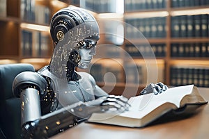 Robot with illuminated circuits studying an open book in a library, symbolizing the integration of artificial photo