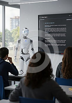 Robot instructor in classroom with students and digital display