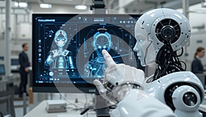 Robot Interacting with Artificial Intelligence Interface on Screen in Futuristic Lab