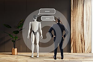 Robot interacting with businessman in a modern office setting
