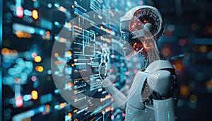 A robot is interacting with a computer monitor displaying a lot of data by AI generated image