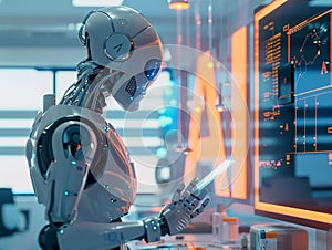 Robot interacting with data screen in a futuristic lab