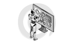 Robot interacting with digital interface isolated on transparent background isolated on white background