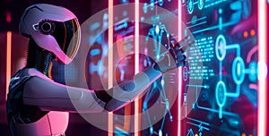 Robot interacting with futuristic interactive control panel with artificial intelligence photo
