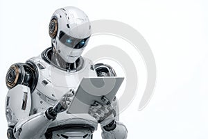 Robot interacting with tablet in a futuristic setting showcasing advanced technology