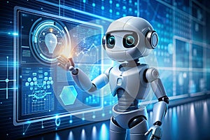 Robot interacts with digital interface, data visualization background, AI innovation