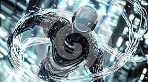 A robot interacts with a glowing neural network display. Generative Ai