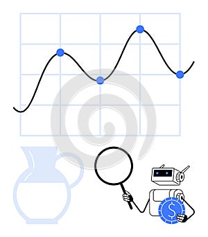 Robot analyzing financial trends with magnifying glass and graph data visualization