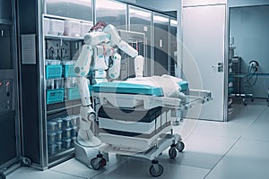 robot, with its cleanroom suit removed, preparing and distributing medical supplies