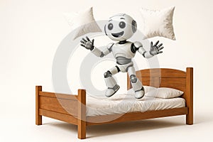 The robot jumps on the bed, scattering pillows. Space for text.