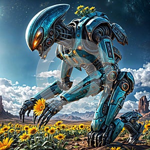 Robot kneels in a clearing with blooming flowers of fantasy worlds.