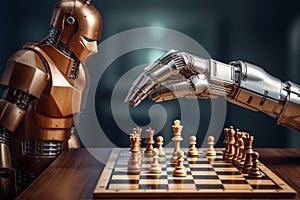 Robot with knight over chessboard closeup move. Generate Ai