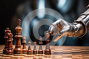 Robot with knight over chessboard closeup move. Generate Ai