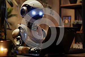 Robot with lapto, looking and typing. Artificial intelligence