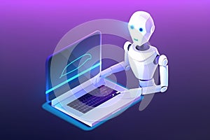 Robot with laptop. Artificial intelligence concept. AI Generative