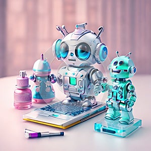 Robot and laptop computer. 3d rendering.