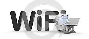 Robot with a laptop, sitting by leaning on the wifi sign