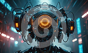 A robot with a large orange light in the middle of it.