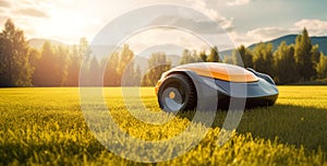 robot lawn mower on green grass. banner with copy space