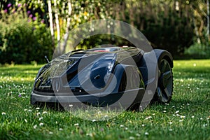 Robot lawnmower on grass with flowers