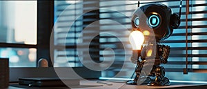 Robot with light bulb, desk, and ray-traced aesthetics.