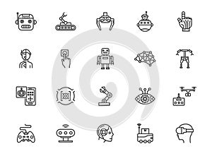 Robot line icon. Automate bot vector artificial technology. Chatbot process thin robot line icon future machine.