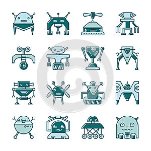 Robot line icon set with displaced fill