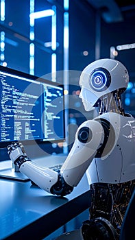 Robot looking at computer screen with coding artificial intelligence concept future technology