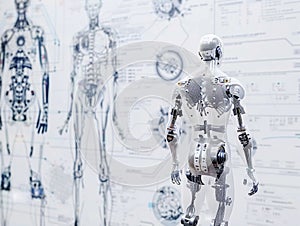 A robot is looking at a human skeleton drawing in art