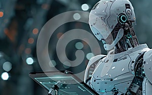 Robot looking for information on a tablet. AI centered world concept. Automation, robotics, machine learning, artificial