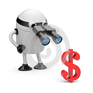 Robot looks in binocular on dollar