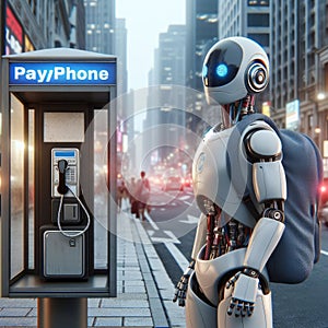 robot looks at the city payphone