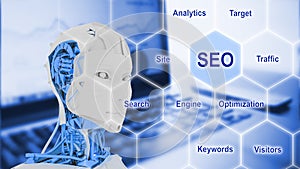 Robot looks at grid with seo keywords