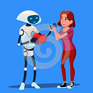 Robot In Love With Girl, Red Heart Vector. Isolated Illustration