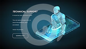 Robot of the low poly wireframe on dark background.Concept of online help or consultation. Chat bot. Education online. Vector 3d photo