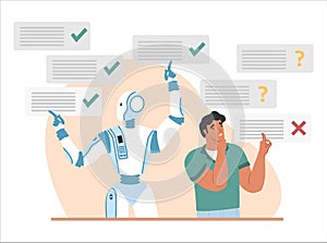 Robot machine answering questions much more quickly and properly than human, vector illustration. Robots superiority.