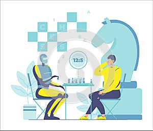 Robot machine and man playing chess, strategy board game, flat vector illustration. Robots superiority. AI vs human.