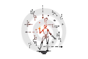 Robot, machine, scheme, microchip, android concept. Hand drawn isolated vector.