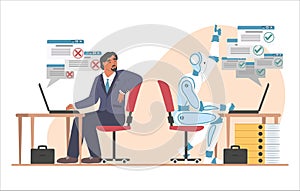 Robot machine working a lot faster than businessman, flat vector illustration. Robots superiority. Automation.