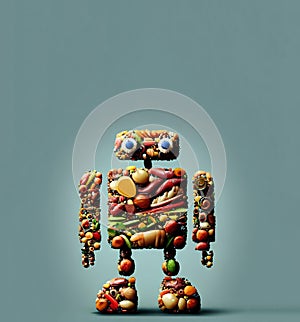 A robot made of food, digital art. Concept of health issues and healthy eating