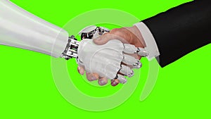 Robot and Man Shaking Hands. Beautiful realistic 3d animation on a green background with a pass of depth of field. 4K